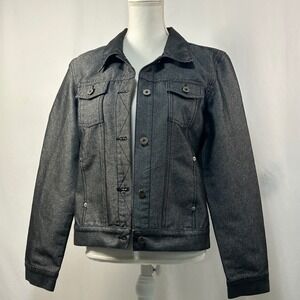 Guess Jeans Metallic Denim Jacket Black Silver Sparkle Y2K Moto Style Large‎